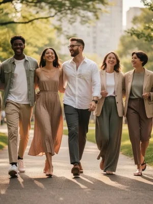 Diverse individuals wearing stylish eco-friendly clothing in a park