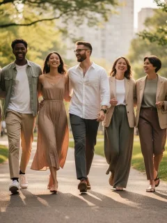 Diverse individuals wearing stylish eco-friendly clothing in a park