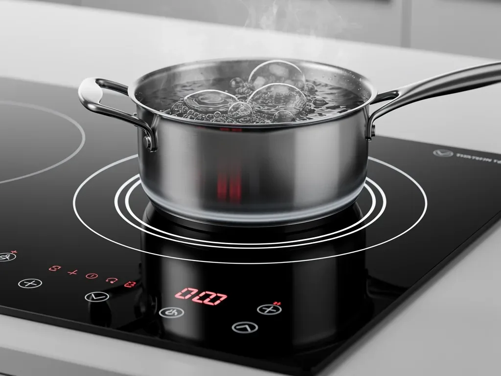 Induction cooktop with boiling pot demonstrating rapid and efficient heating.