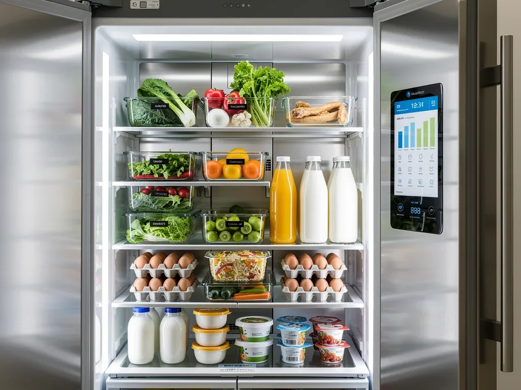 Smart refrigerator interior with LED lighting and digital display showing energy data.