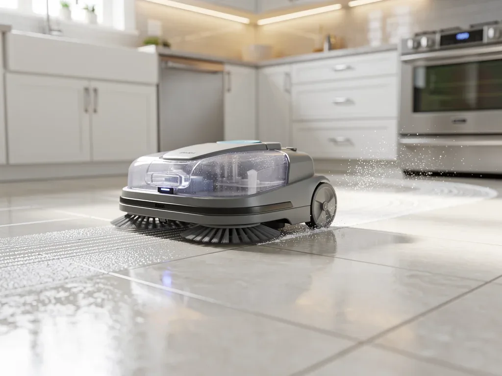 Advanced robotic floor scrubber cleaning kitchen tiles