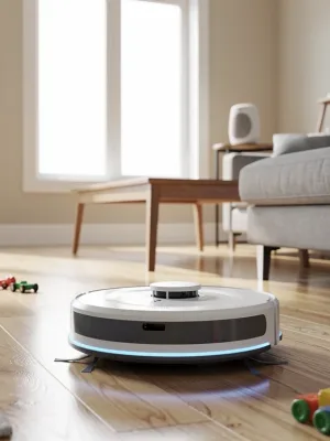 Futuristic robotic vacuum cleaning a modern US living room