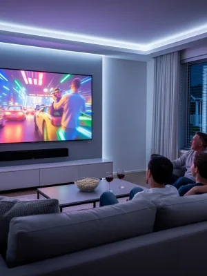 Futuristic living room with large projection screen and immersive home entertainment setup in 2026