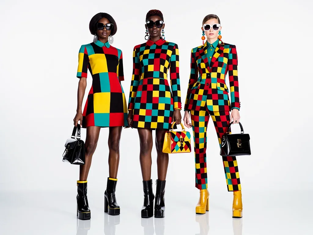 Models in 1960s mod-inspired geometric patterns and modern accessories.