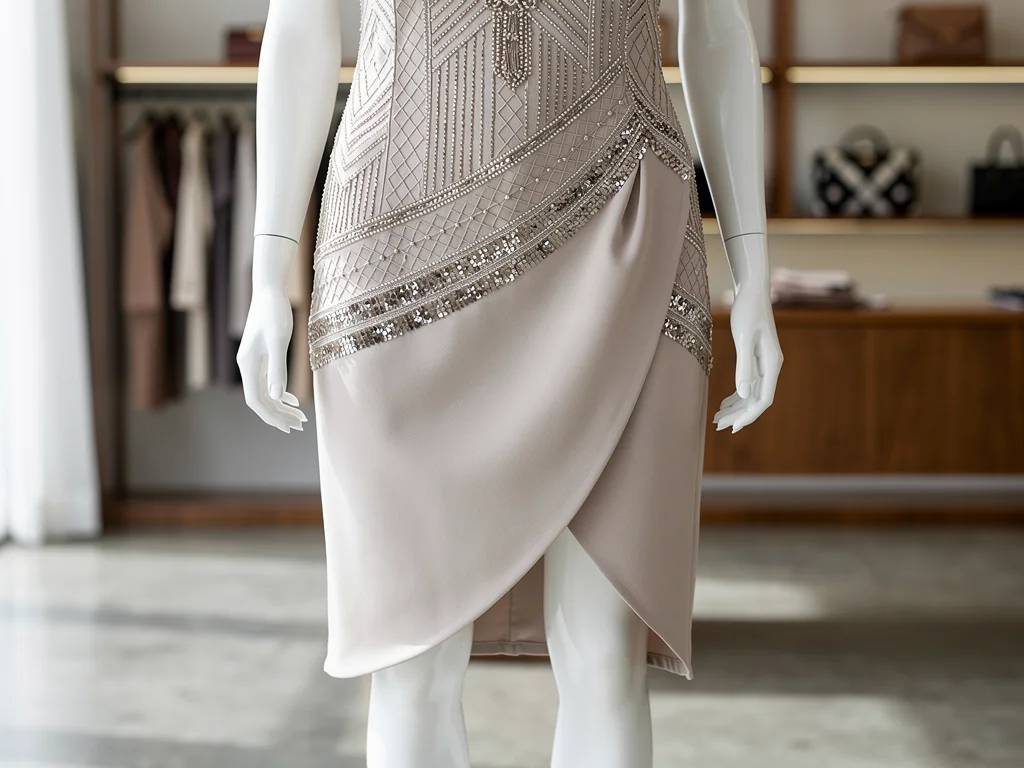 Contemporary outfit with 1920s-inspired beadwork and dropped waistline details.