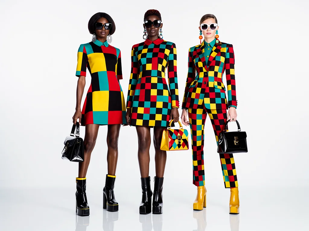 Models in 1960s mod-inspired geometric patterns and modern accessories.