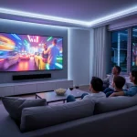 Futuristic living room with large projection screen and immersive home entertainment setup in 2026
