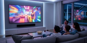 Futuristic living room with large projection screen and immersive home entertainment setup in 2026