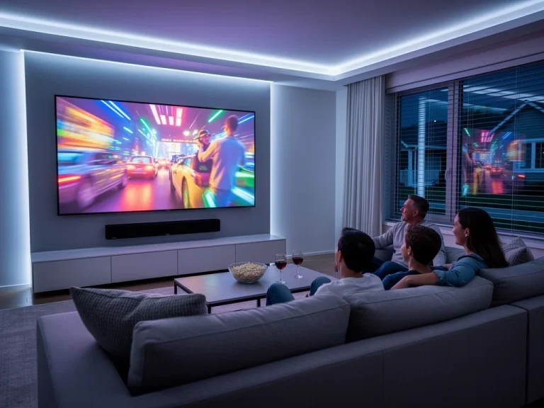 Futuristic living room with large projection screen and immersive home entertainment setup in 2026