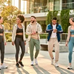 Athleisure's Evolution: 4 New Style Elements for 2026 Stylish individuals demonstrating the evolution of athleisure wear in an urban environment, highlighting comfort and modern design.