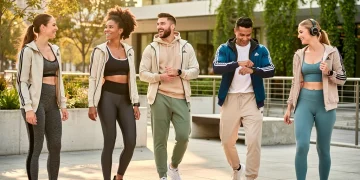 Stylish individuals demonstrating the evolution of athleisure wear in an urban environment, highlighting comfort and modern design.