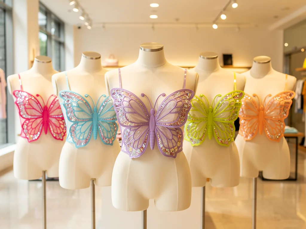Assortment of colorful butterfly tops on mannequins, Y2K trend