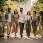 Diverse individuals wearing stylish eco-friendly clothing in a park