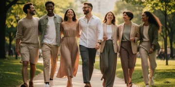 Diverse individuals wearing stylish eco-friendly clothing in a park