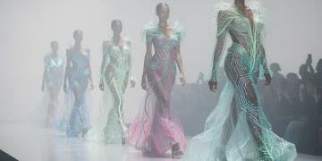 Models showcasing innovative futuristic fabrics on a runway