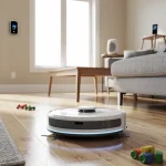 Robotic Home Cleaning: Top 3 Devices Revolutionizing US Homes 2026 Futuristic robotic vacuum cleaning a modern US living room