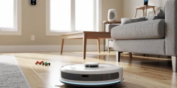 Futuristic robotic vacuum cleaning a modern US living room