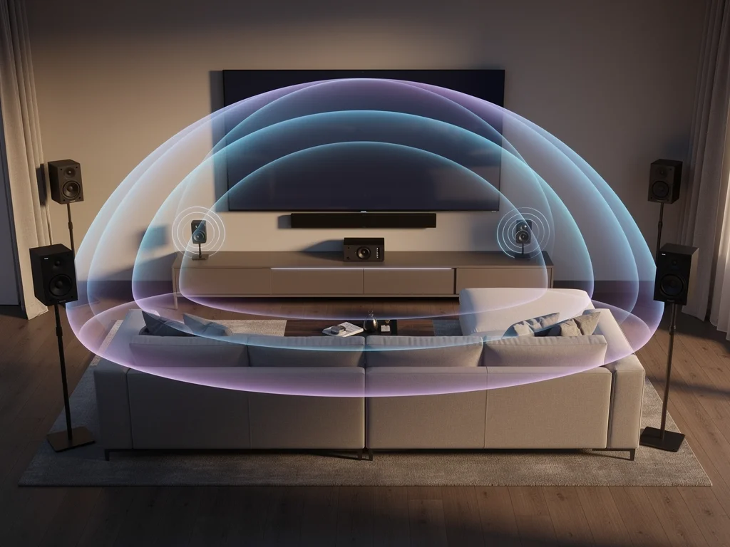 Immersive multi-speaker sound system setup in a contemporary living room