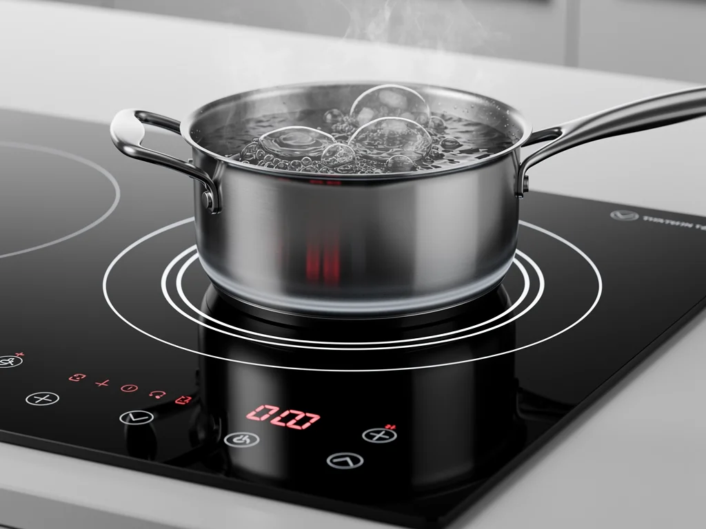 Induction cooktop with boiling pot demonstrating rapid and efficient heating.