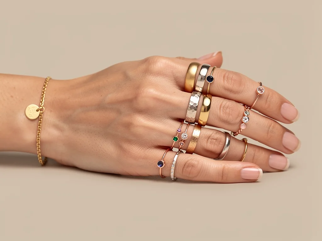 Close-up of hand with stacked rings and delicate bracelet, showcasing layered jewelry trend.