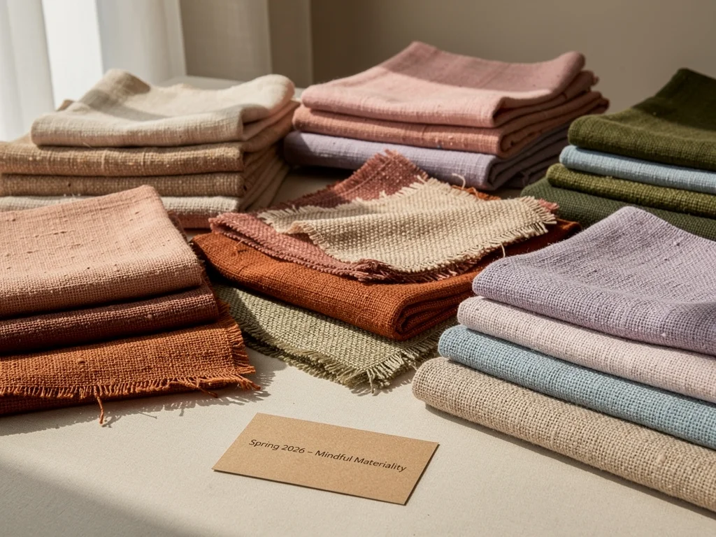 Natural fiber textiles and earthy tones for mindful Spring 2026 fashion.