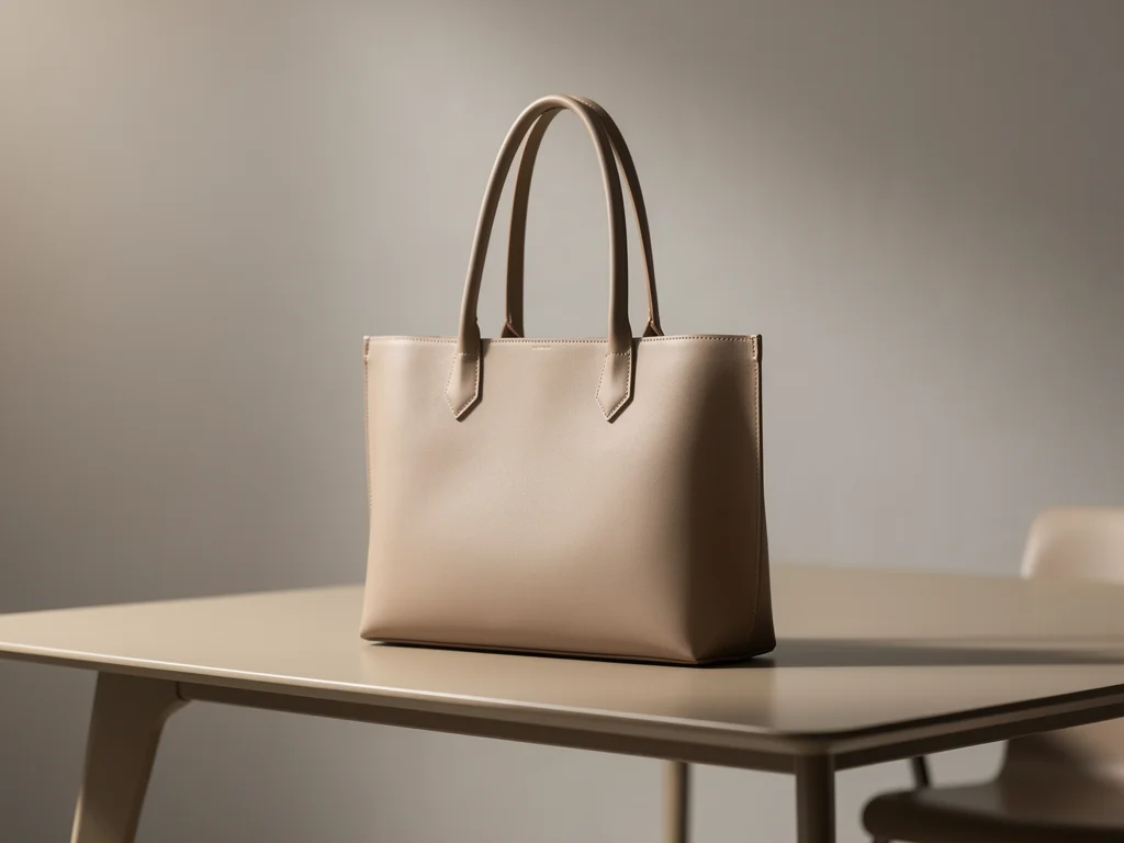 Minimalist tote bag on contemporary table, representing functional elegance in 2026 handbags.