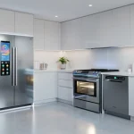 Kitchen Tech: 3 Appliances Saving US Households 15% on Energy Bills by 2027 Modern kitchen with smart induction range, energy-efficient refrigerator, and smart dishwasher.