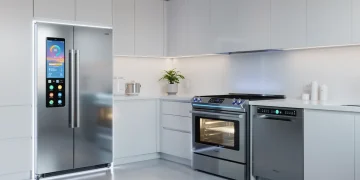 Modern kitchen with smart induction range, energy-efficient refrigerator, and smart dishwasher.