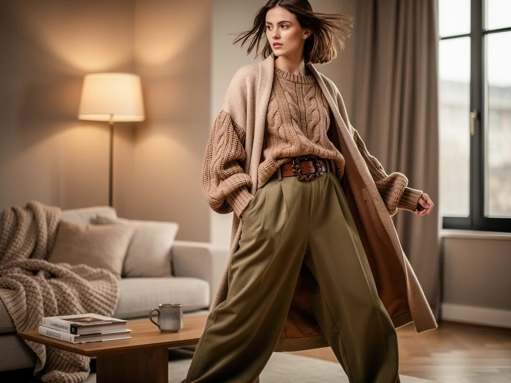 Model in oversized layered outfit, showcasing voluminous silhouettes