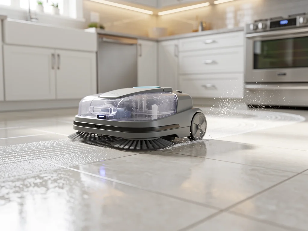 Advanced robotic floor scrubber cleaning kitchen tiles