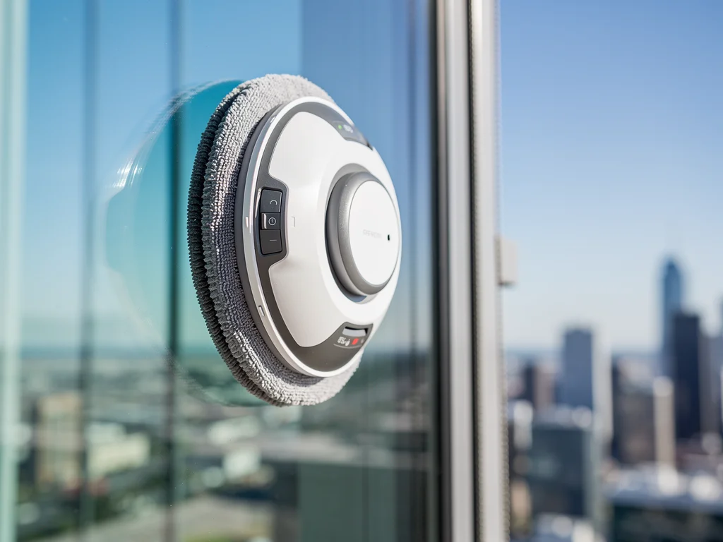 Robotic window cleaner on a skyscraper window