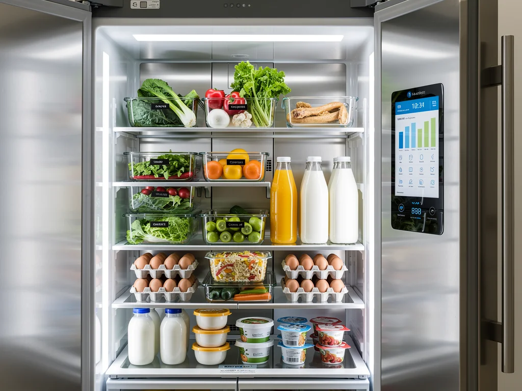 Smart refrigerator interior with LED lighting and digital display showing energy data.