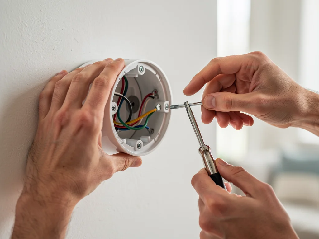 Hands installing a smart thermostat on a wall