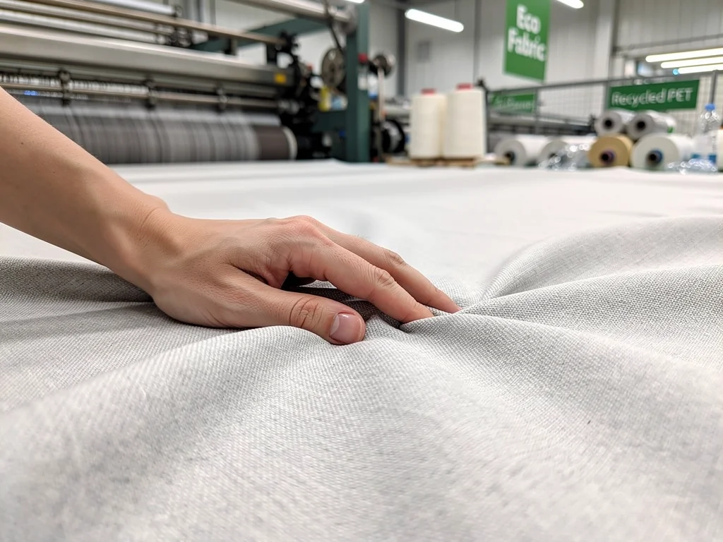 Hand touching soft sustainable fabric made from recycled materials