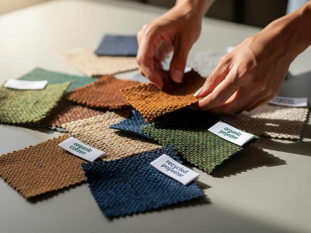 Hands sorting fabric swatches, showcasing sustainable textile innovation