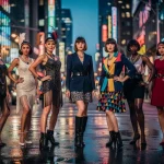 Models wearing a fusion of 1920s, 1960s, and 1980s fashion trends in modern settings.
