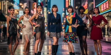 Models wearing a fusion of 1920s, 1960s, and 1980s fashion trends in modern settings.