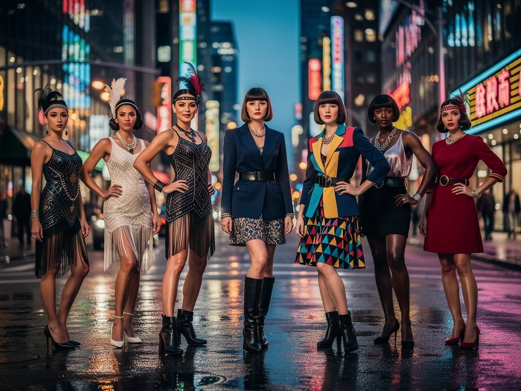 Models wearing a fusion of 1920s, 1960s, and 1980s fashion trends in modern settings.