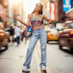 Stylish woman in Y2K fashion, low-rise jeans, crop top, chunky sneakers