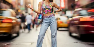 Stylish woman in Y2K fashion, low-rise jeans, crop top, chunky sneakers